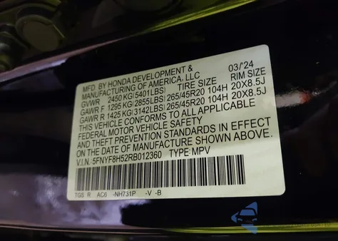 2024 Honda Passport Awd Ex-L from USA, damaged, VIN 5FNYF8H52RB012360
